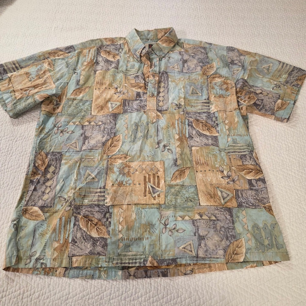 Tori Richard Mens XL Popover Shirt Made in Hawaii Cotton Abstract Leaf Blue Tan
